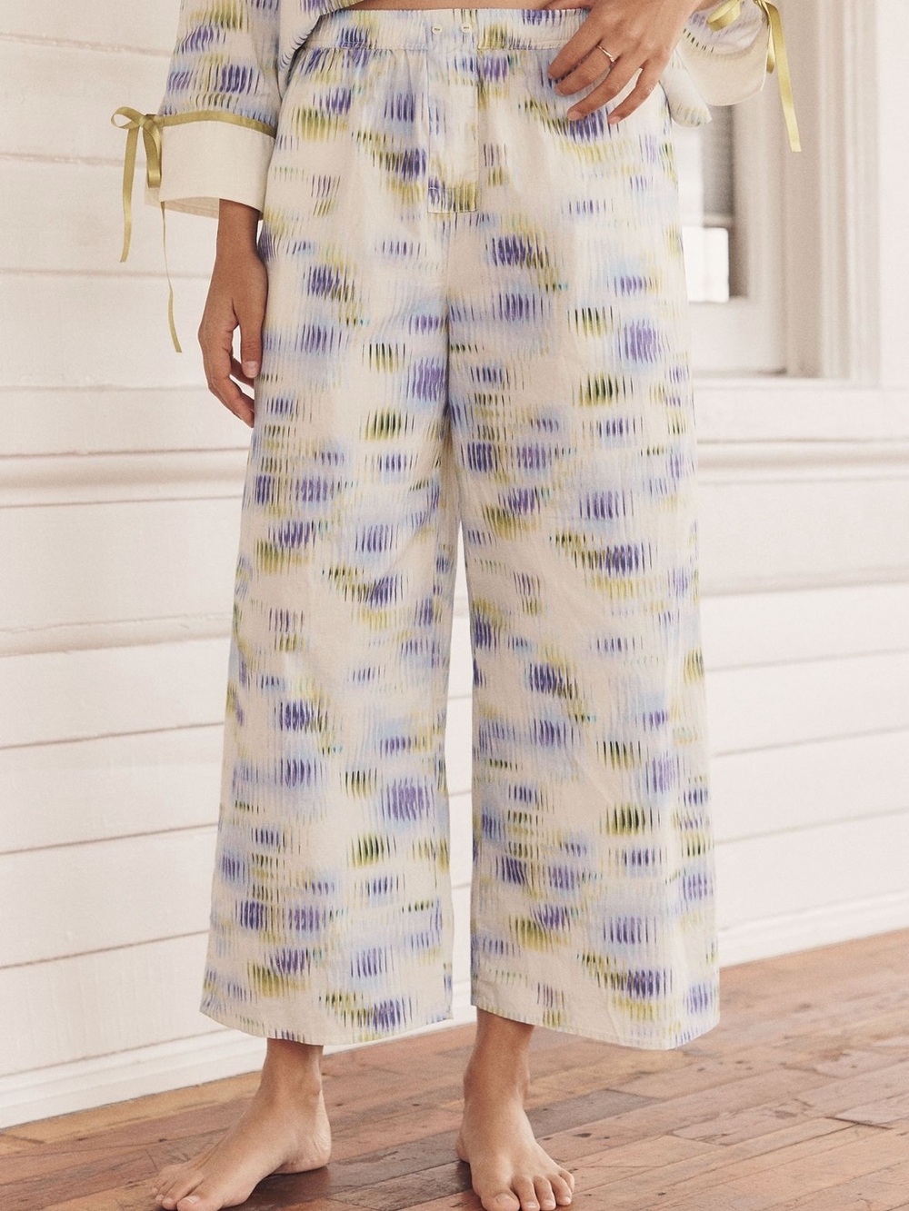 Anthropologie Lyre Bird Cream Wide-Leg Pants with Blue & Green Watercolor Print
